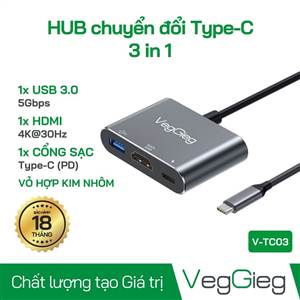 Cáp chuyển Type C to HDMI, USB 3.0, PD VEGGIEG